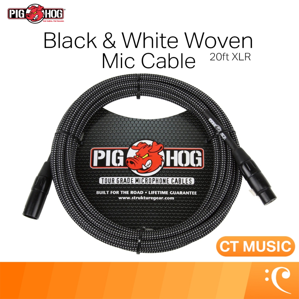 Pig Hog Black & White Woven Mic Cable, 20ft XLR Microphone Cable สายสัญญาณ สายแจ็ค
