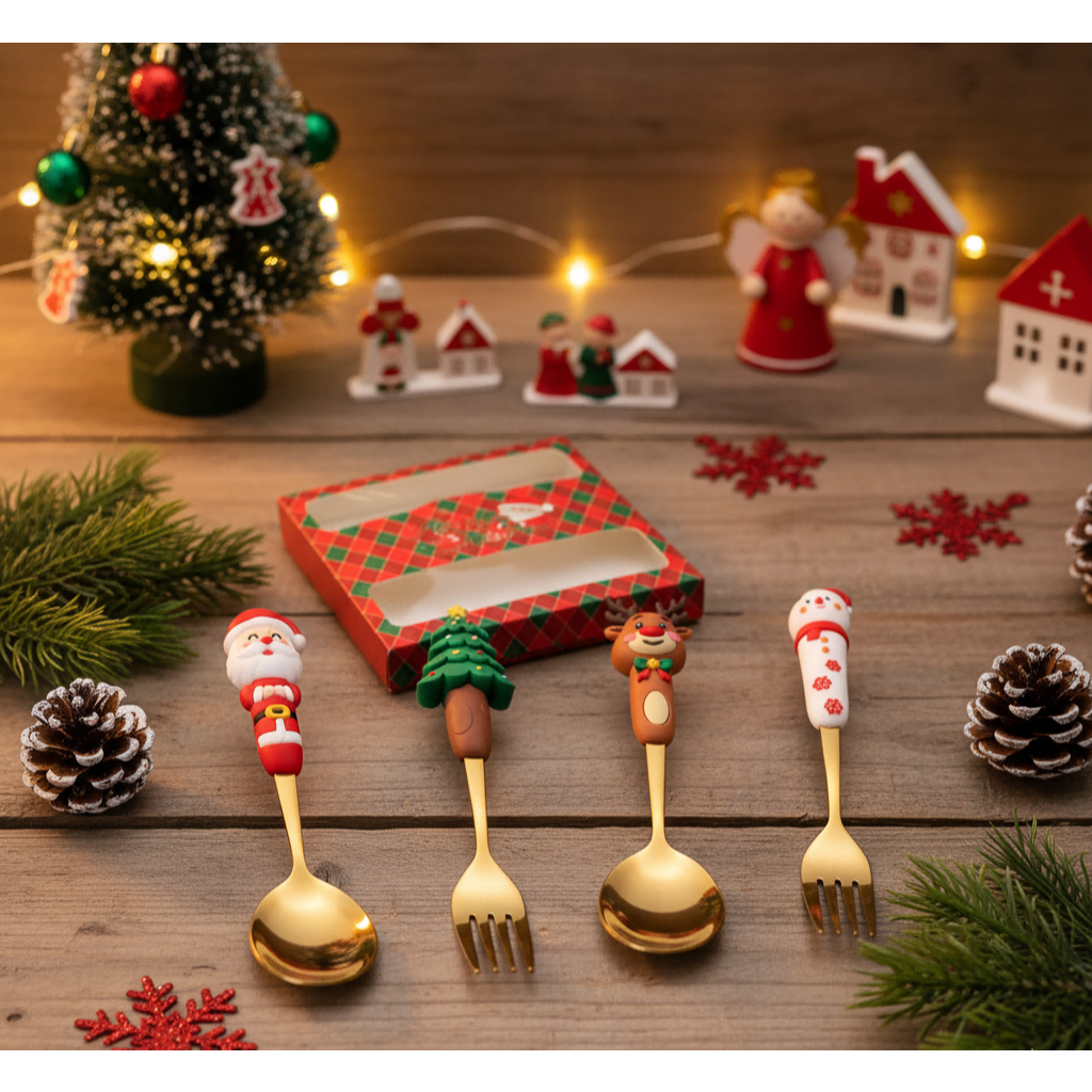 ชุดช้อนส้อมคริสต์มาส 4 ชิ้น 🎄 ลายซานต้า กวางเรนเดียร์ ต้นคริสต์มาส และมนุษย์หิมะ เหมาะสำหรับชา กาแฟ ซุป ผลไม้ สลัด และสเ