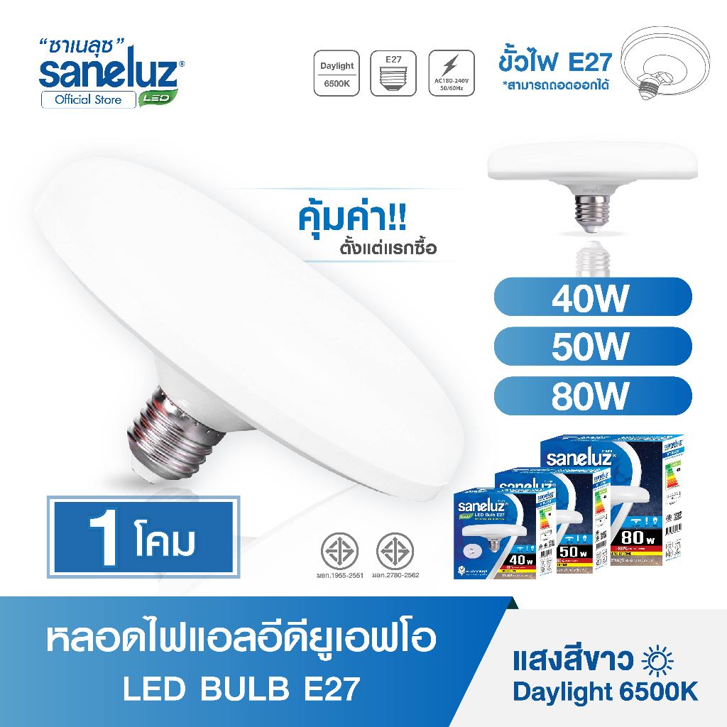 Saneluz หลอดไฟ LED UFO ขนาด 40W 50W 80W ขั้ว E27 ขั้วถอดได้ แสงสีขาว Daylight 6500K AC220V led