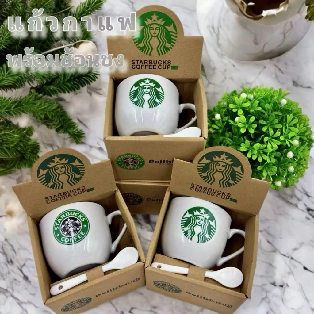 แก้วกาแฟเซรามิคพร้อมช้อนชง แก้วกาแฟร้อนพร้อมกล่องพรีเมี่ยม เหมาะสำหรับเป็นของขวัญของชำร่วย แก้วสตาบัค49บาท