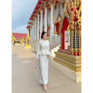 📌📌 พร้อมส่ง XS S M L XL 2XL 🏷️CHERISH งานเซ็ท ชุดไทย(📍4ชิ้น เสื้อ+กป+เข็มกลัด+เข็มขัด) ชุดผ้าไทย ออกงาน ทำบุญ ทอดกฐิน
