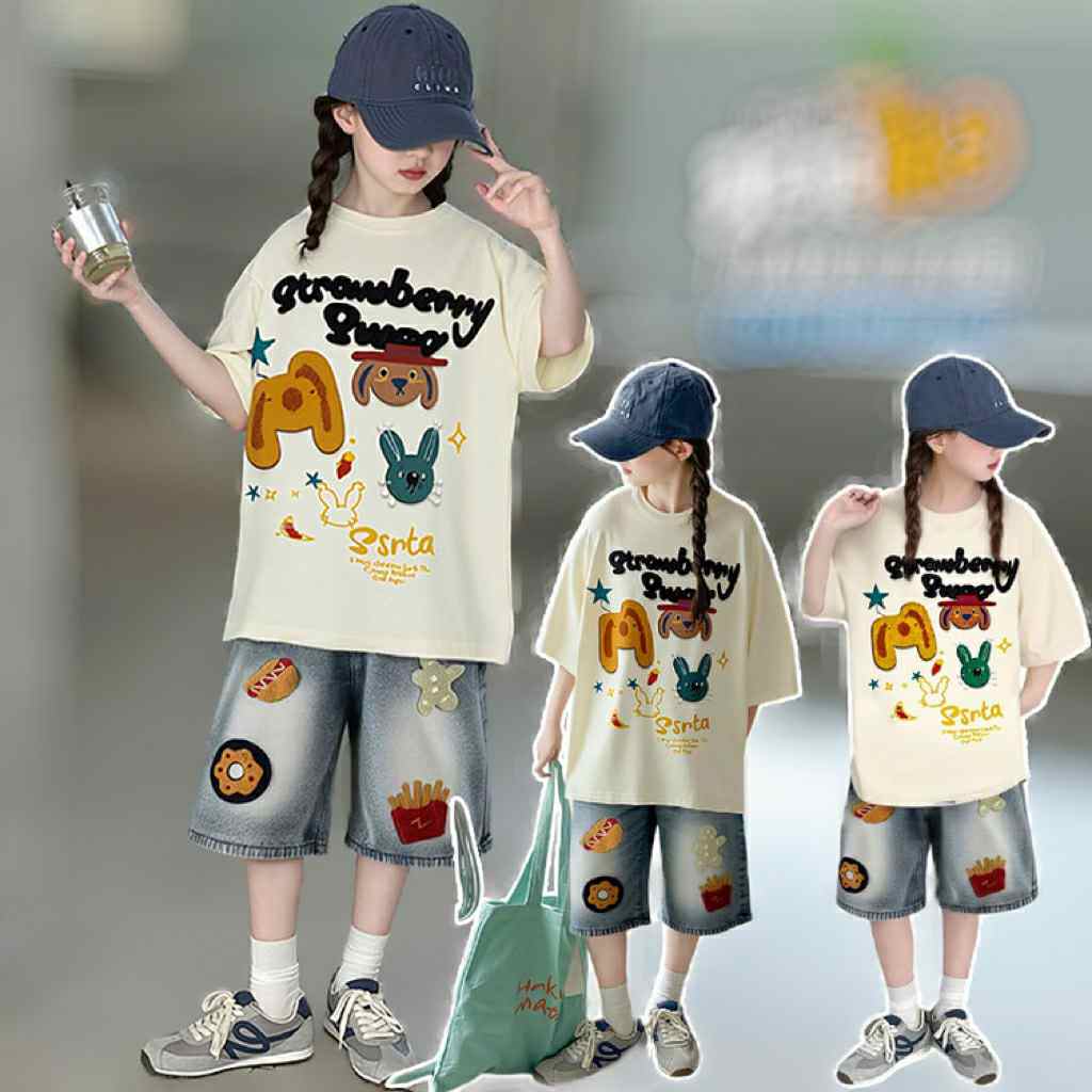 (ขายแยกชิ้น)(**พร้อมส่งจากในไทย**) NO.855 เสื้อเด็กสีครีม สกรีนลายStrawberry/NO.856 กางเกงยีนส์ โดนัทเฟรนฟราย