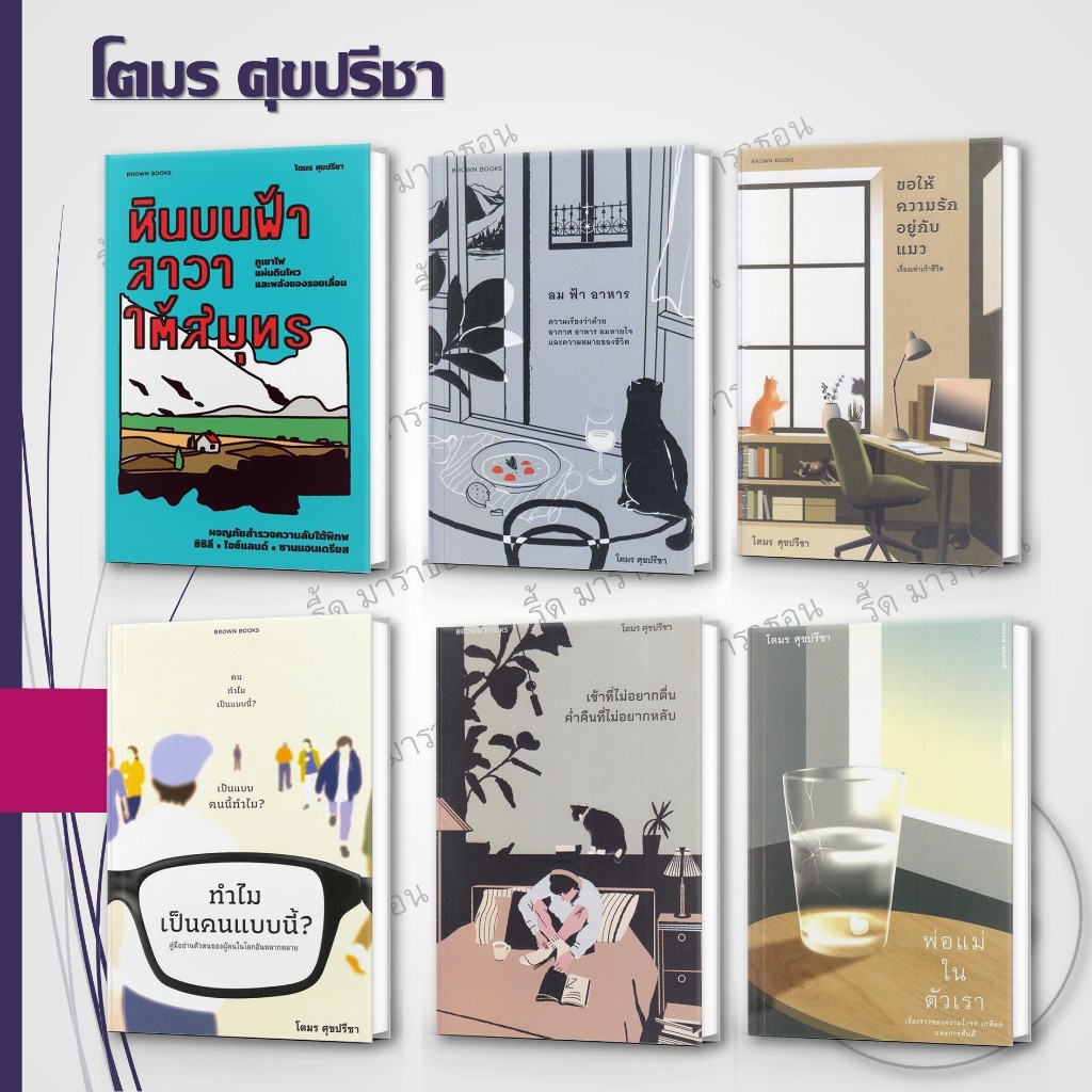 หนังสือ เช้าที่ไม่อยากตื่น,พ่อแม่ในตัวเรา,หินบนฟ้า ,ลม ฟ้า อาหาร,ขอให้ความรักอยู่กับแมว,ทำไมเป็นคนแบบนี,โตมร ศุขปรีชา