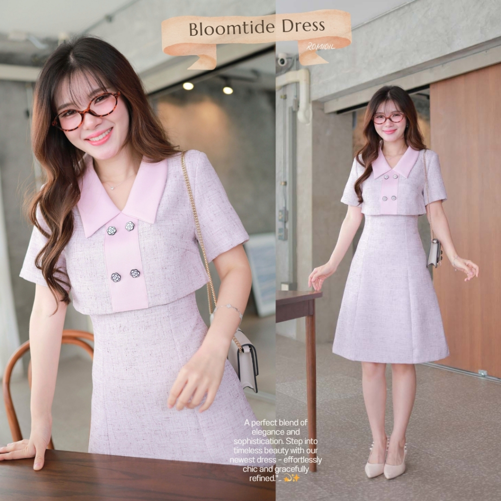 "Romi"Oil" Bloomtide Dress (Pink) K317 ชุดเดรสสีชมพู (ทวีตคอปกแต่งกระดุมดอกไม้)