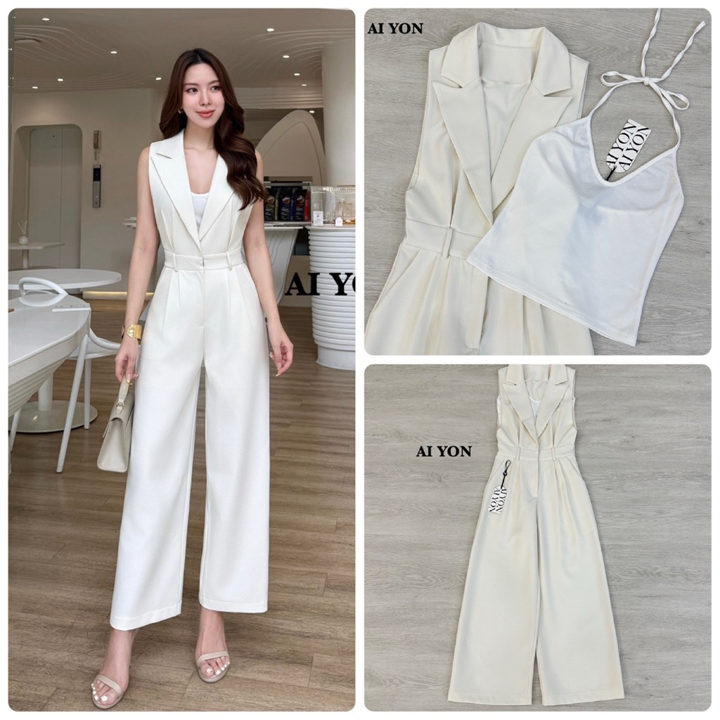 Aiyon จั๊มสูทกางเกงขายาวแขนกุด คอปกทรงสูท