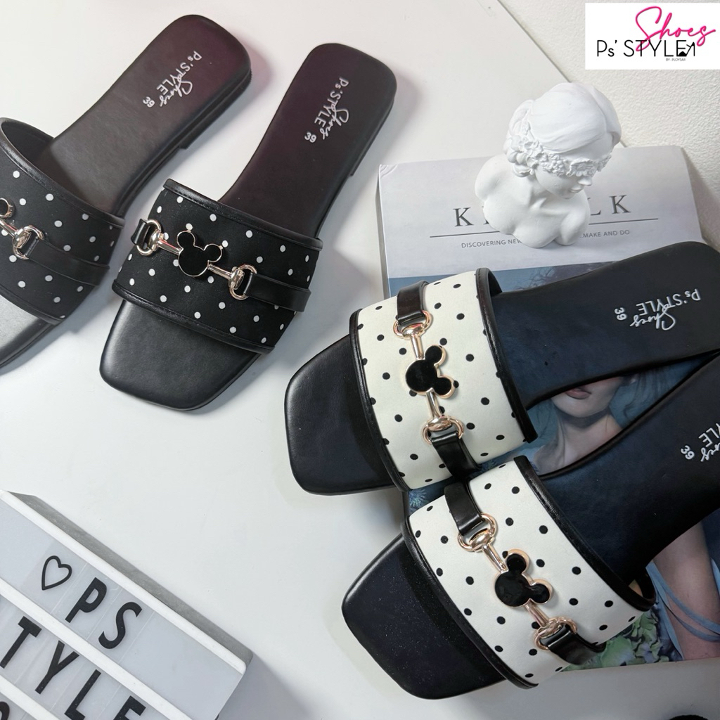 รองเท้าแตะส้นแบน ลาย Polkadot แต่งสายคาดกลาง mk ขนาด 36-45 เท้าอวบบาน+1 พร้อมส่ง
