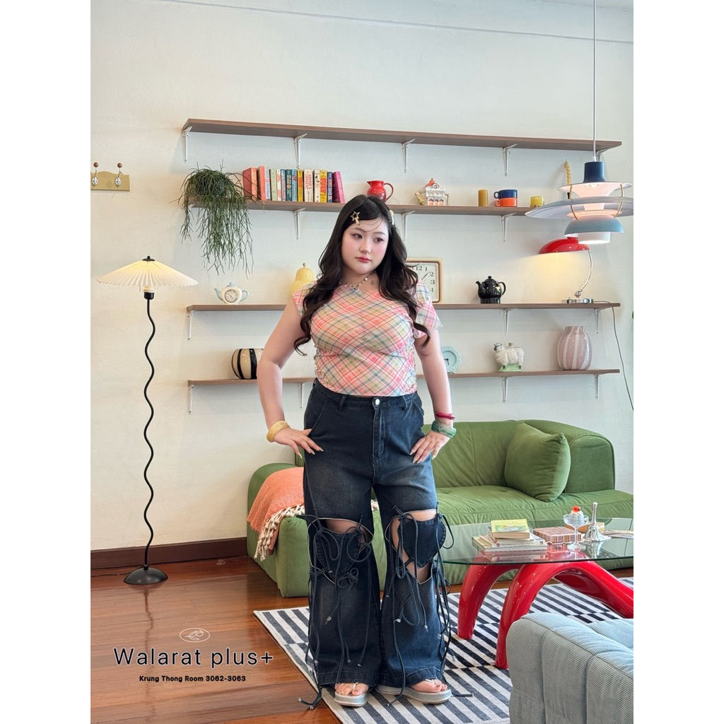 KNOTTY JEANS - กางเกงยีนส์แต่งดีเทลโบว์เก๋ๆ สาวอวบ ไซส์ใหญ่ ( เอว 34-46)