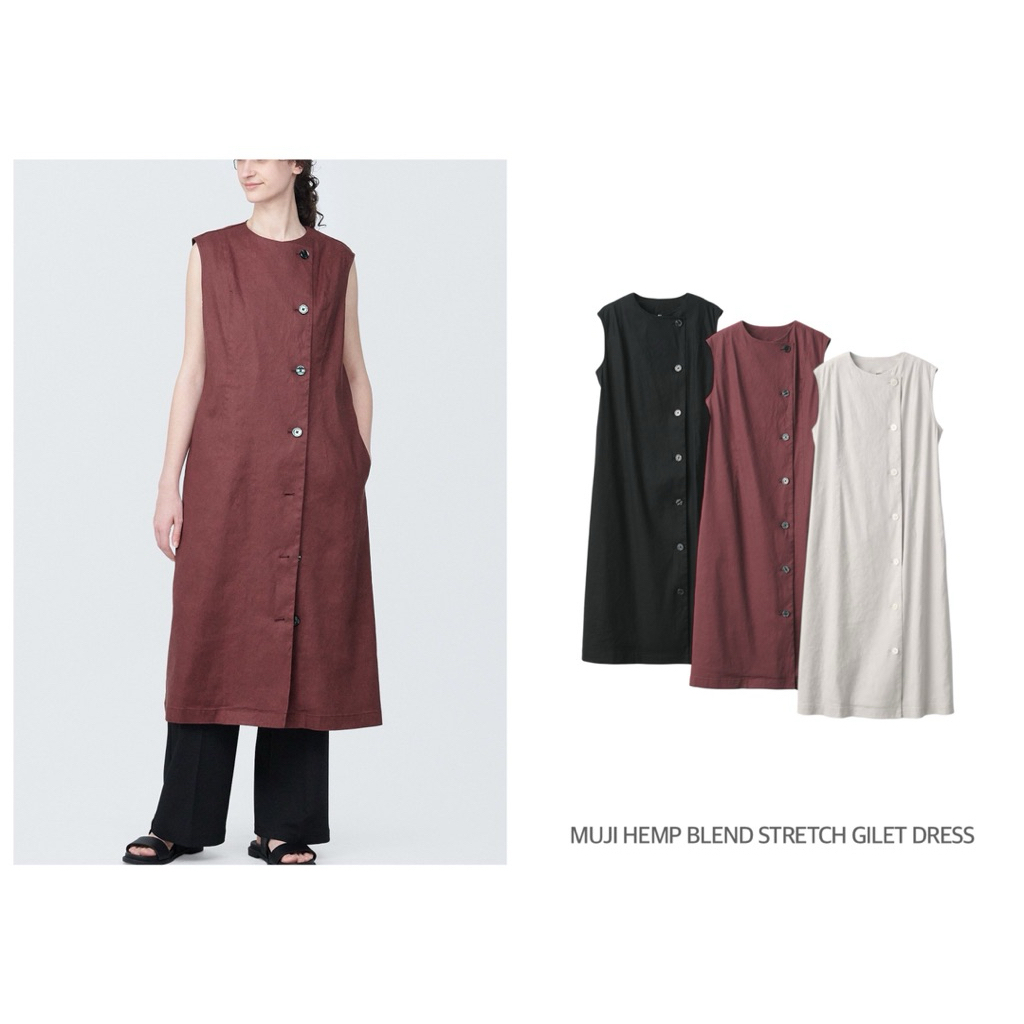 MUJI ชุดเดรส สีดำ คอกลม แขนกุด HEMP BLEND STRETCH GILET DRESS(C01)