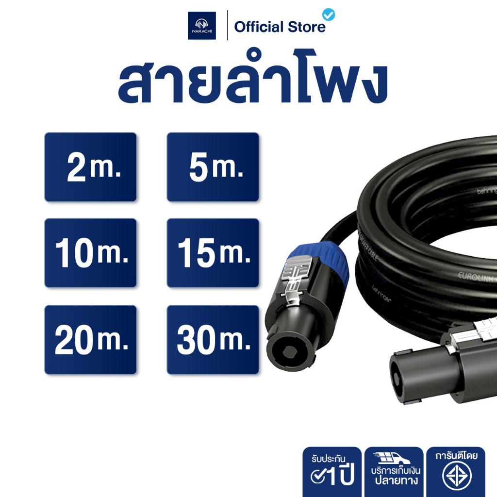 NAKACHI สายลำโพง 2x1.5 มม. ทองแดงแท้100% ยาว 2/5/10/20 ม. นำสัญญาณชัด มี มอก.