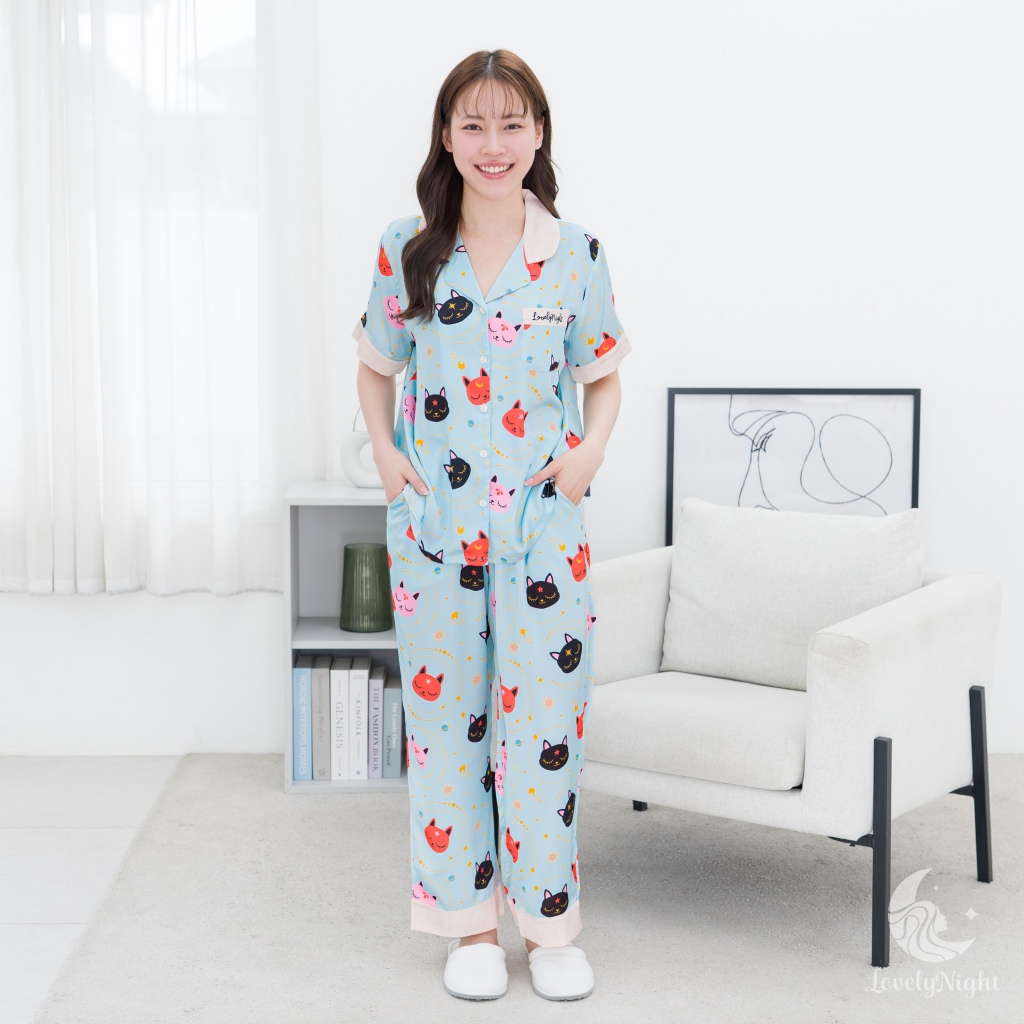 ชุดนอน LovelyNight แขนสั้น-ขายาว Luna Cats D33