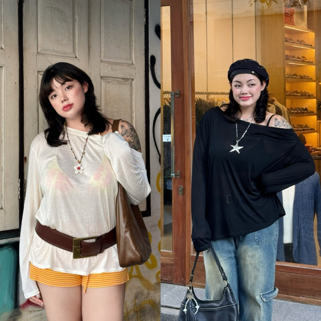 ss norm top เสื้อปาดไหล่แขนยาวทรงหลมม ผ้าบาง นิ่ม ยืดเยอะ ไซส์สาวอวบ อก60“ (ยืดถึง80”)