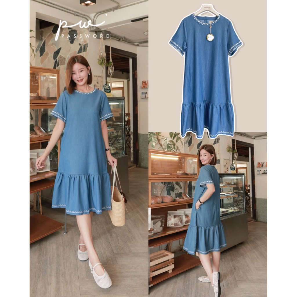 Password เดรสยีนส์ชายระบาย ผ้ายีนส์ผสมคอตตอนเนื้อนุ่ม