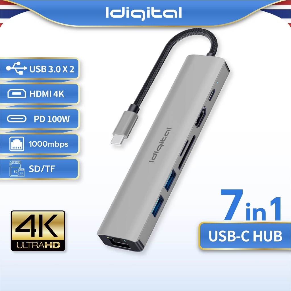 Idigital Type C HUB Adapter, ฮับ USB C, USB 3.0, HDMI 4K, 1000Mbps RJ45, PD100W, SD TF, สำหรับแล็ปท็อป, Macbook