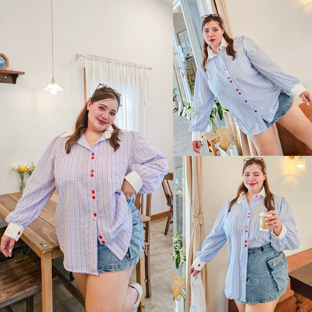 /PP/ เสื้อเชิ้ตลายริ้วสีพาสเทล มีไซส์อก46-66 ช่วงแขนพอง แต่งปกและปลายแขนขาว กระดุมแดง น่ารักมาก #เสื้อไซส์ใหญ่ พลัสไซส์
