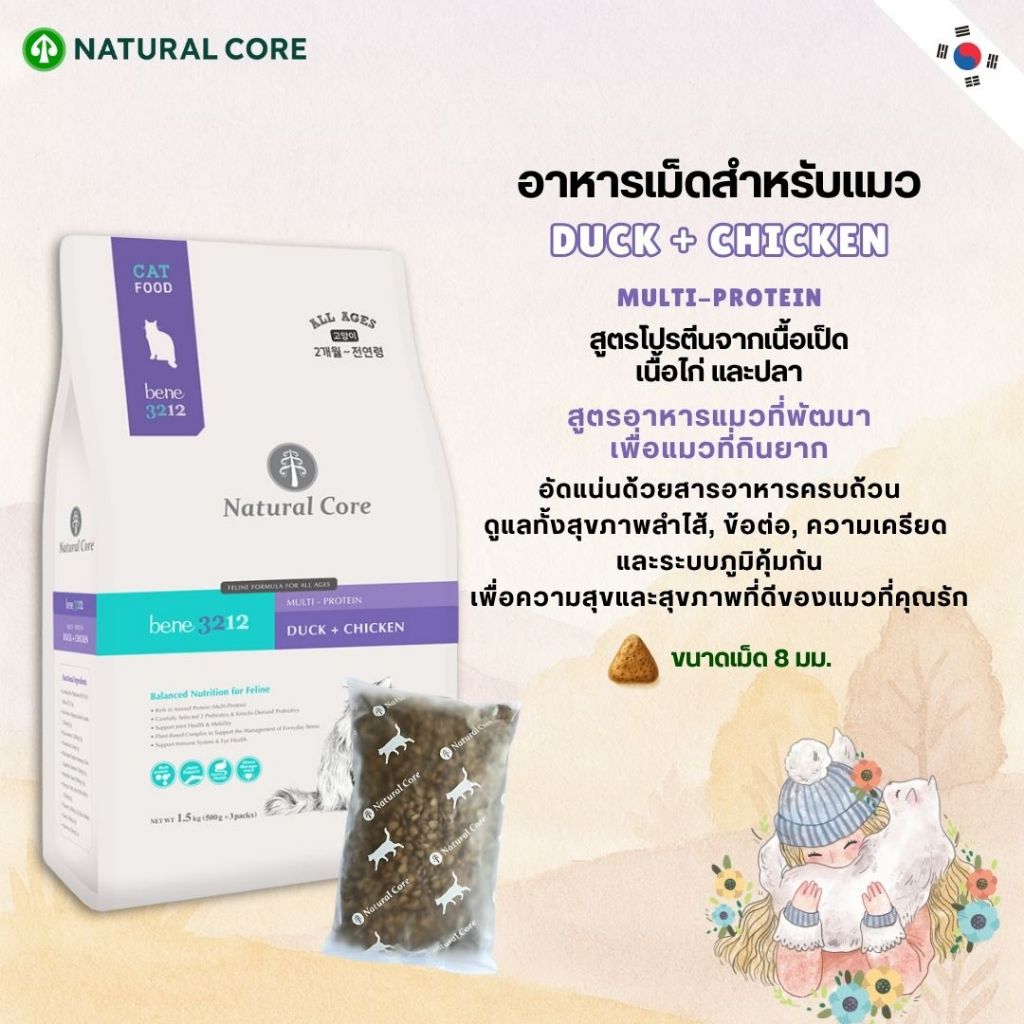 Natural Core Bene 3212 Duck + Chicken อาหารเม็ดสำหรับแมว สูตรโปรตีนจากเนื้อเป็ด เนื้อไก่ และปลา