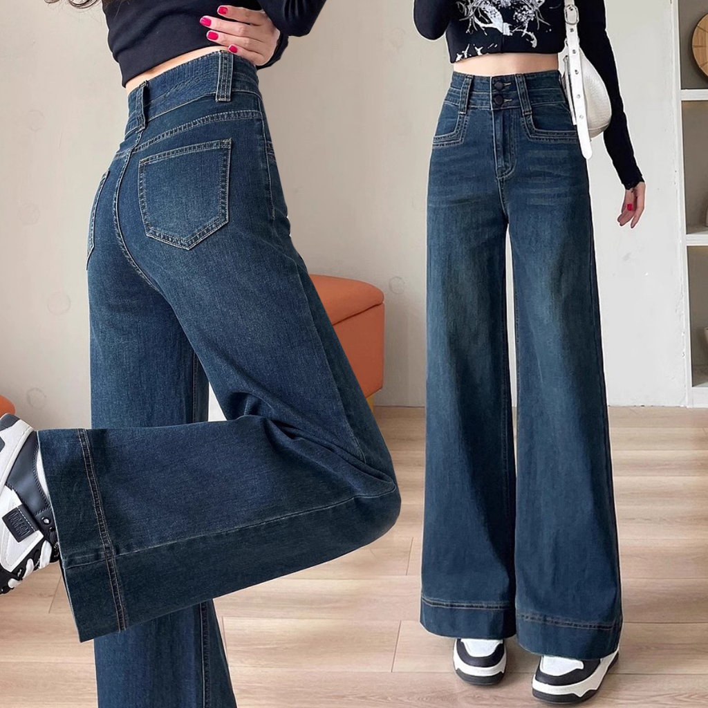 Plus size~jeans กางเกงยีนส์ เอวสูง ทรงหลวม ยีนส์ กางเกงยีน ผู้หญิง แนววินเทจ denim pants ไซส์ใหญ่ กระดุม พลัสไซส์