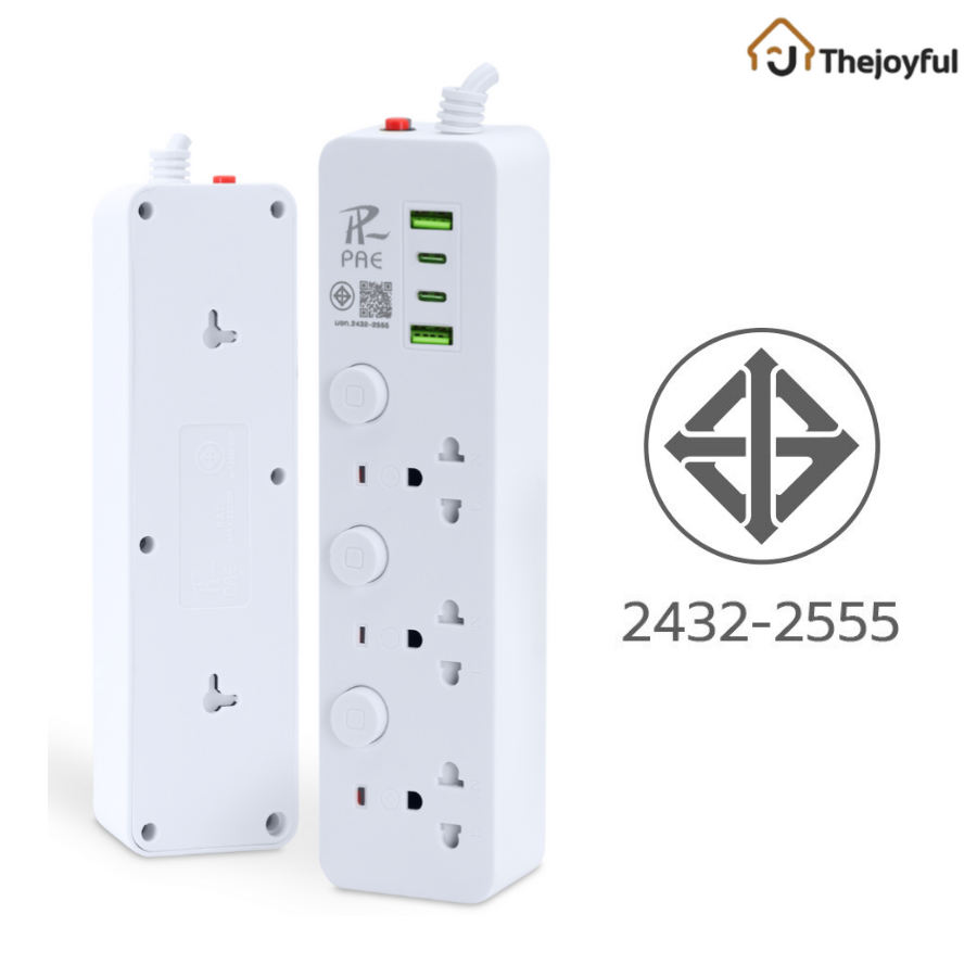 Thejoyful ปลั๊กไฟ ปลั๊กสามตา ปลั๊กพ่วง power strip ยาว 3 5 10เมตร มีช่อง USB - Type-C สวิตช์ปิด-เปิด