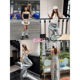 ส่งทันทีCici(NO. J2279)Set2ชิ้นเสื้อเกาะอกลายPolka dotตรงอกเ…