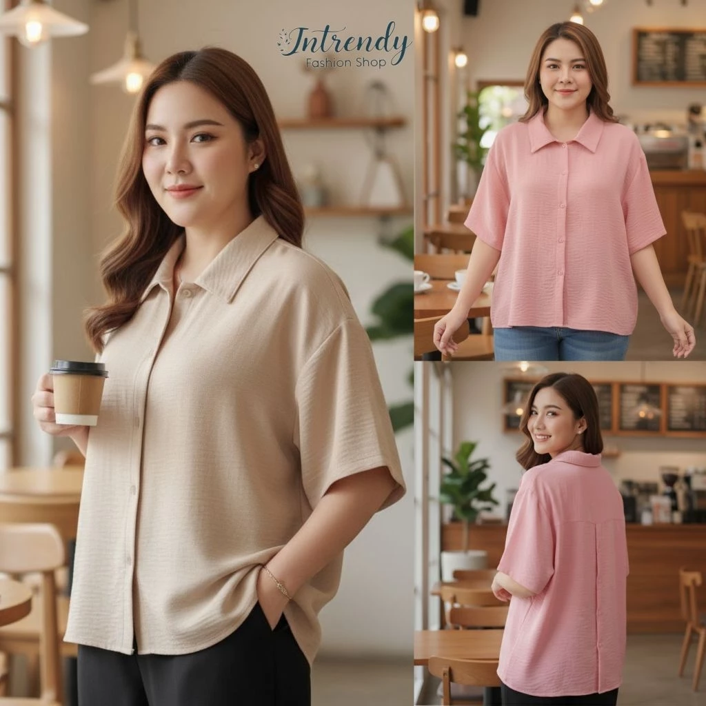 ใหม่.เสื้อเชิ้ตคอปกกระดุ่มผ่าหลัง Over Size หน้าผ้าอก 52 นิ้ว.เป็นผ้าโพลีเอสเตอร์ลายยีน