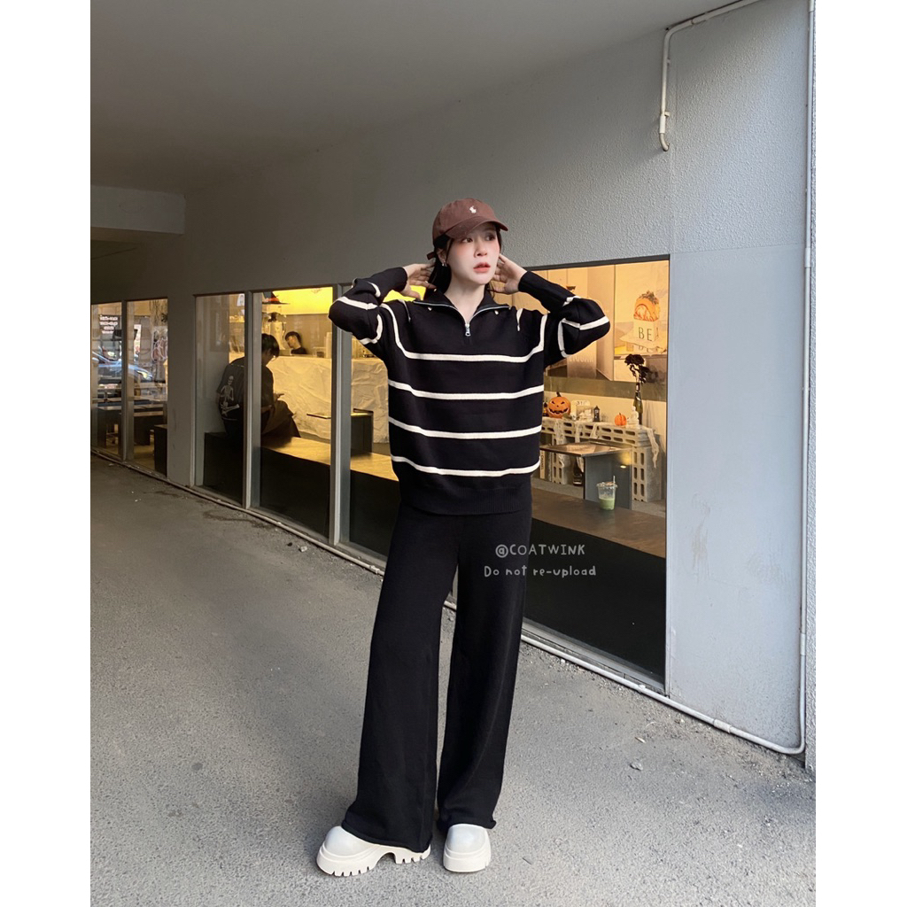 COATWINK~ชุดเซ๊ต ไหมพรม เสื้อลายขวาง+กางเกงขายาว