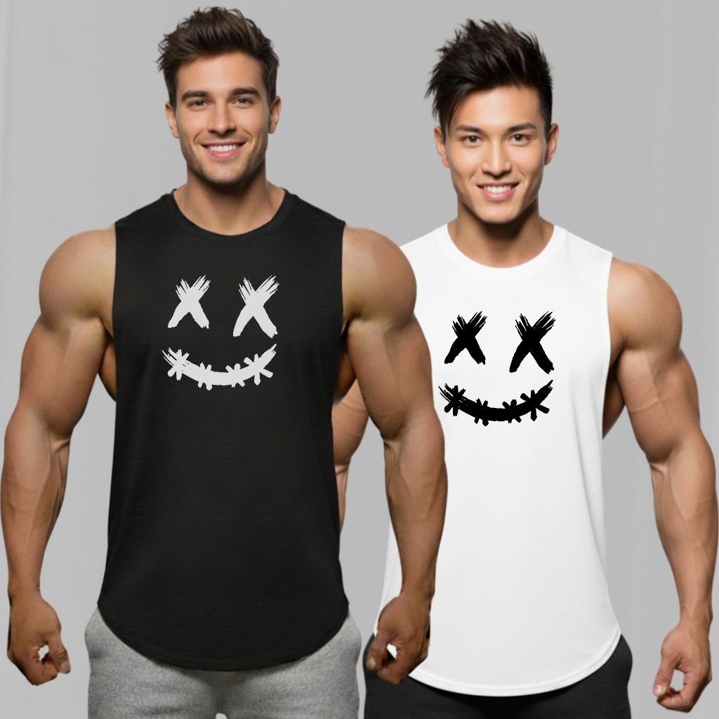 หน้ายิ้ม หน้าเศร้า เสื้อแขนกุดเว้าแขนกว้าง Drop Arm Tank Sleeveless Muscle Shirt