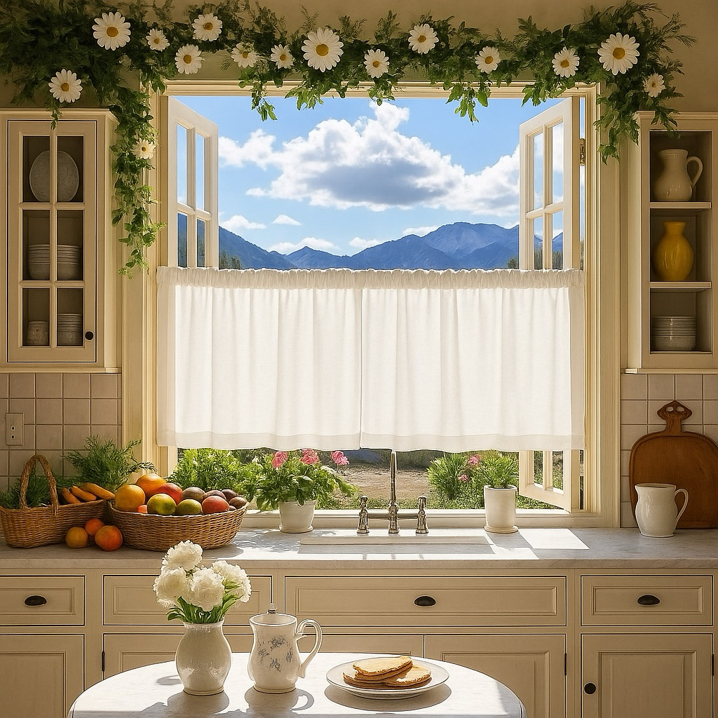 ผ้าม่านเคาน์เตอร์ครัวสีขาวเรียบละเอียด พร้อมส่ง แบบสอดราว ราคาเฉพาะม่าน - รูปที่ 5