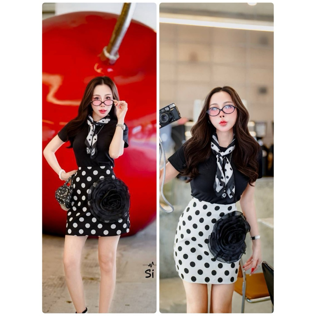 Si-am > ชุดเซ็ต 3 ชิ้น เสื้อ+กระโปรงผ้ายีนส์ polkadot+ผ้าพันคอ A670 A671