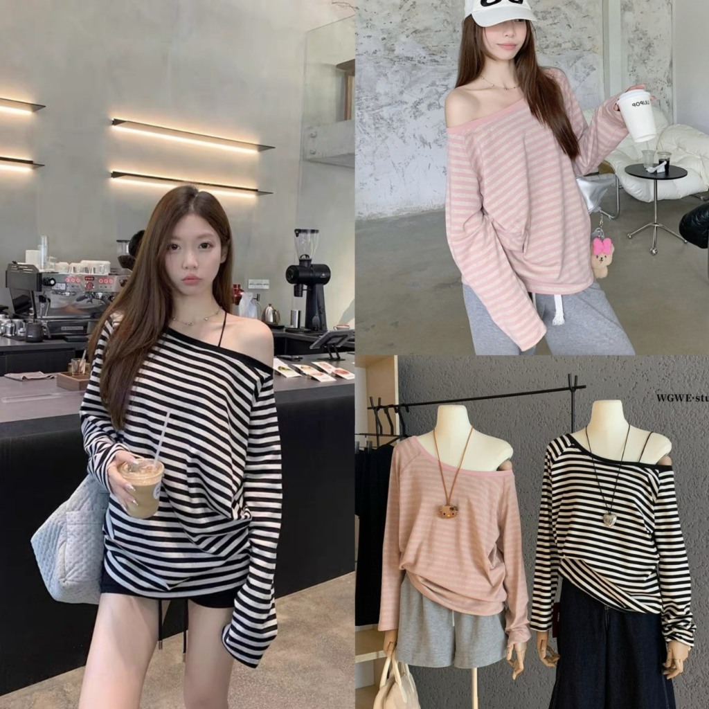 (พร้อมส่ง) เสื้อปาดไหล่ลายขวางรุ่น 7421 TAG WG.WE 🇰🇷