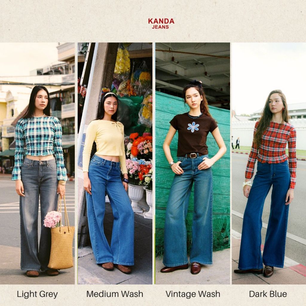 KANDA JEANS : (New Version) Papa Blue Jeans กางเกงยีนส์เอวสูงขากระบอกบาน ทรง Baggy jeans ราคา ถูกที่สุด ดีลบีเคเค