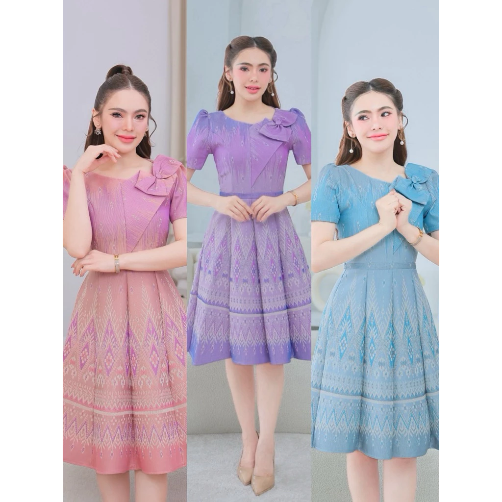 N801 สุพรรณษาเดรสผ้าไทยผ้าทอลายแต่งโบว์อก กระโปรงบานทรงย้วยต่อ 8 ชิ้น อัดกาวทั้งชุด