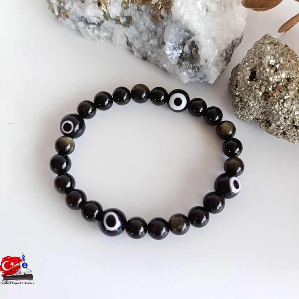 ข้อมือEvil Eye+หินออฟซิเดี้ยนเกรดA งานแม่ค้าร้อยเอง พลังบวกแห่งการสะท้อนและดูดซับพลังงานลบพลังงานชั่วร้ายความโชคร้าย
