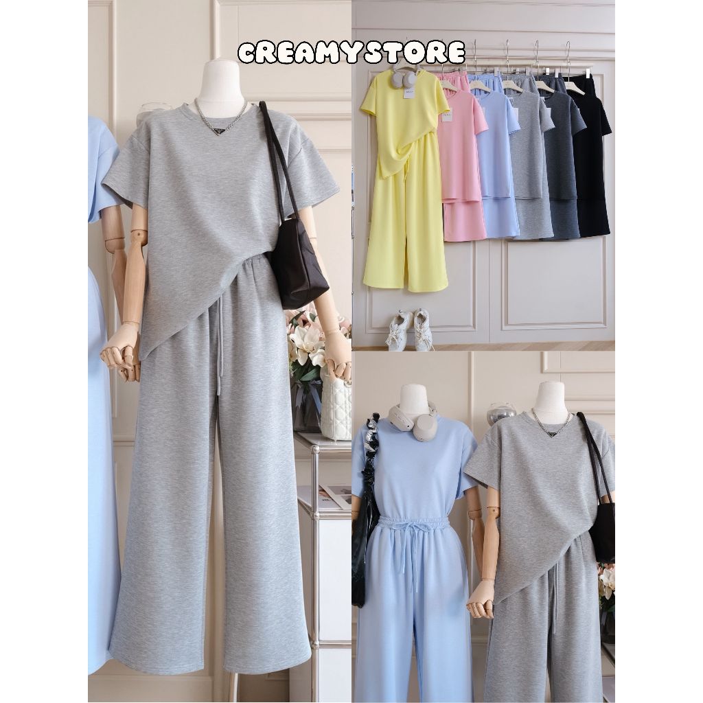CreamyStore เซต2ชิ้น เสื้อคอกลมแขนสั้น+กางเกงวอร์มขายาว ผ้านาโนพรีเมียม งานป้ายPrisana