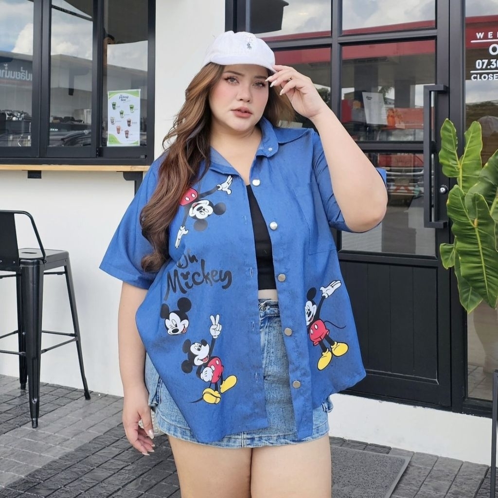 เสื้อเชิ้ตยีนส์ อก38-66นิ้ว สกรีนลาย มิกกี้ Mickey คอปก แขนสั้น มีกระเป๋าอก สาวอวบ ไซส์ใหญ่ MG27-0