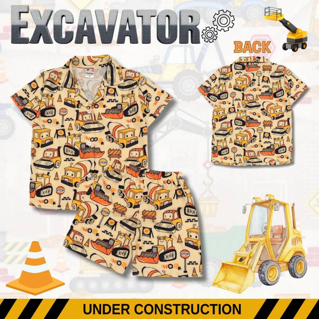 (TR0823#3) ชุดเด็ก เซ็ตเสื้อฮาวาย+กางเกงขาสั้น ผ้าไหมอิตาลี ลายรถแมคโคร ชุดเด็กแฟชั่น ชุดเด็กลายการ์ตูน ชุดเที่ยวทะเล
