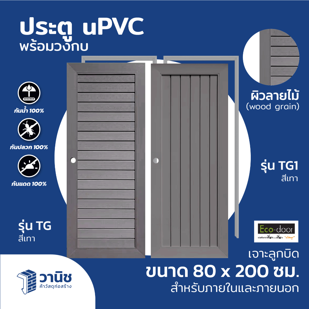 ประตูพร้อมวงกบ uPVC Eco-door ผิวลายไม้ รุ่น TG, TG1 สีเทา ขนาด 80 x 200 ซม. แบบเจาะลูกบิด I สำหรับภายนอกภายใน