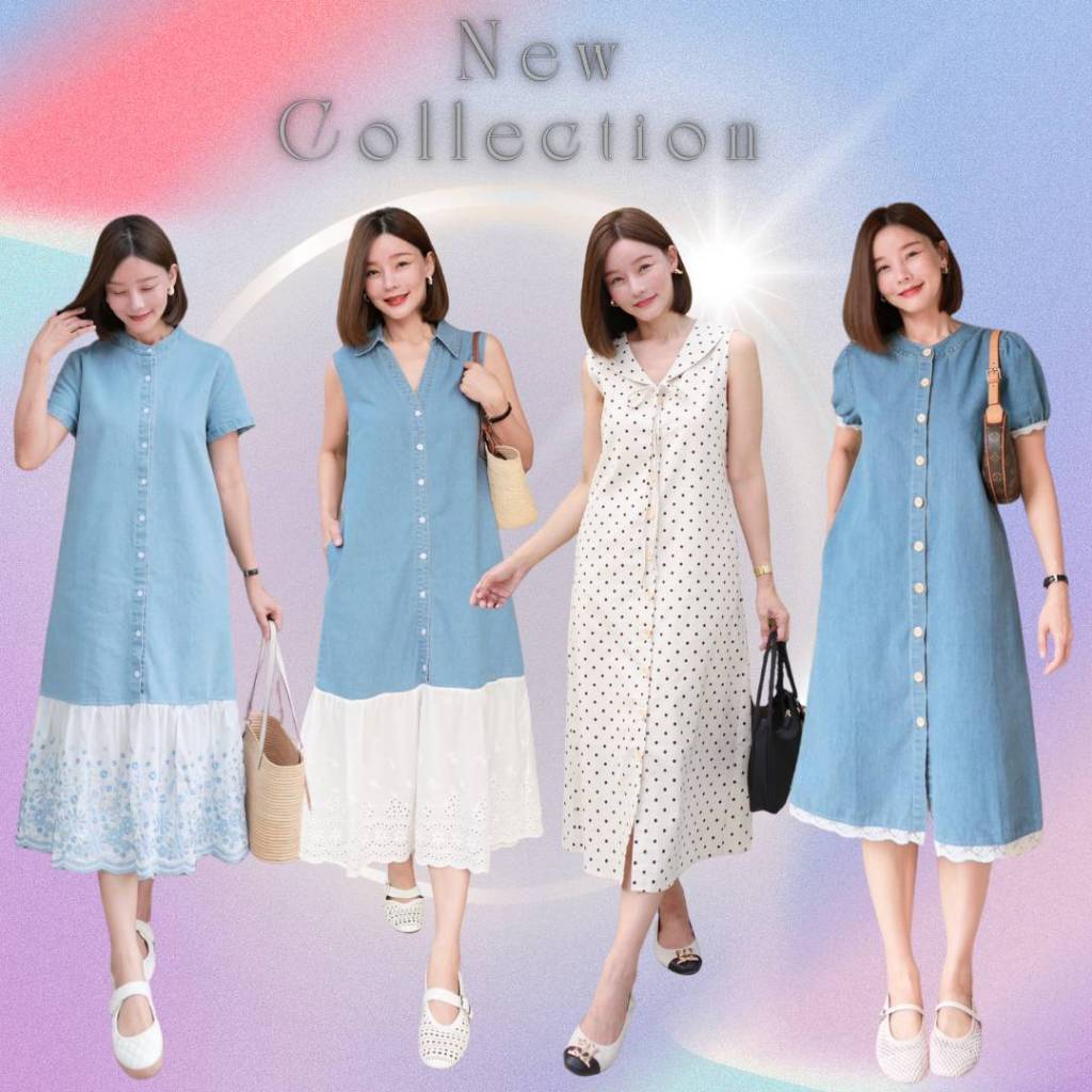 [ส่งฟรี] Password#6276#6262#6278#6280 เดรสผ้าลินินสีครีมลายจุดเล็ก+เดรสยีนส์ชายปักดอก CARDIGAN_NISTA