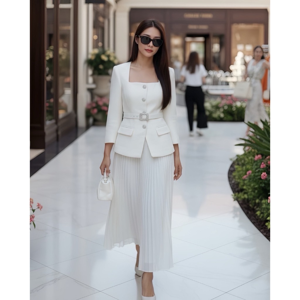 MG209-0825 : Cream Boucle Chiffon Dress