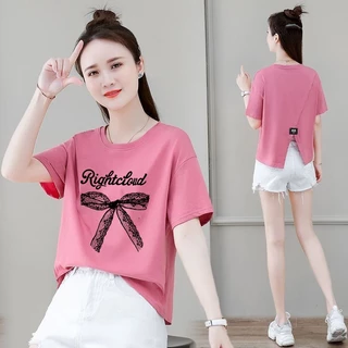 เสื้อครอปน่ารักสไตล์เกาหลี oversize เสื้อผ้าสาวอวบอ้วนไซส์ใหญ่ เสื้อยืดสวยๆผู้หญิงกําลังฮิตใหม่ล่าสุด ผ่าด้านหลัง แฟชั่น