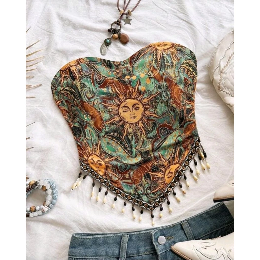 เสื้อเกาะอกลายพระอาทิตย์ แต่งระบาย สไตล์โบฮีเมียน สีเขียวมิ้นท์ I พรีออเดอร์