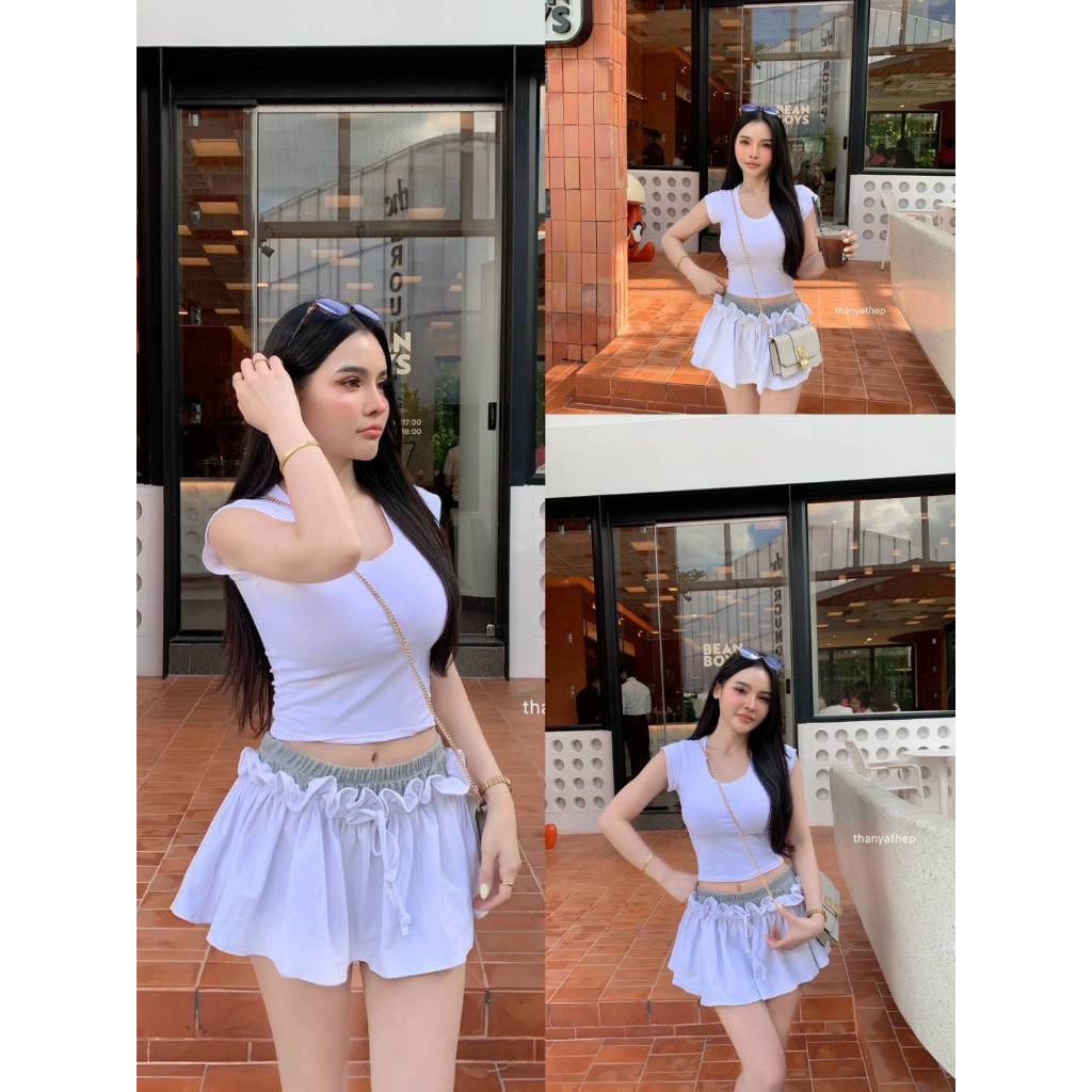 【THANYATHEP】 TYT 28739 เซท2ชิ้น กางเกง2ชั้นทูโทนทรงน่ารัก เท่ๆคิ้วท์ๆ  มาพร้อมเสื้อคอยูเนื้อผ้าสเปน