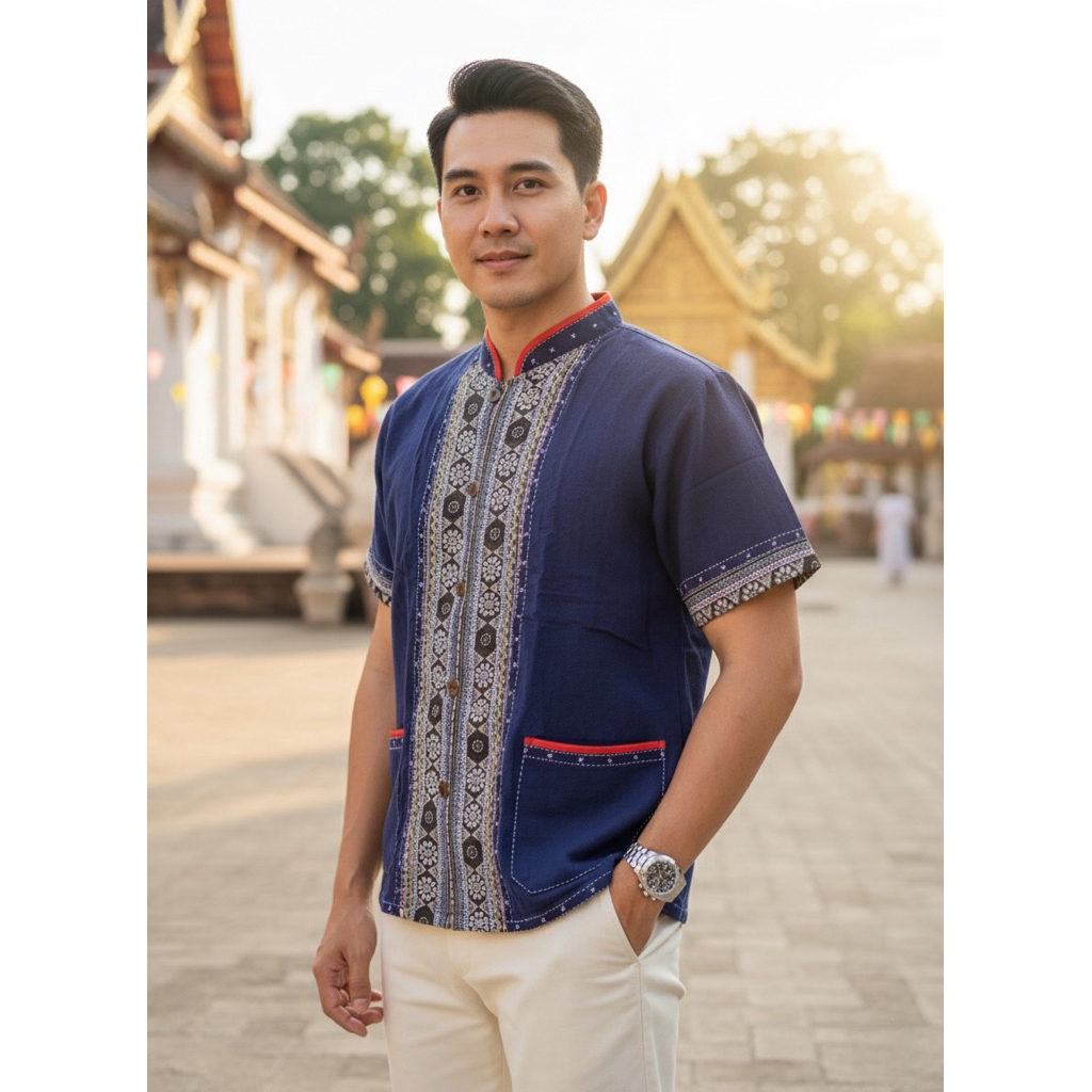 เสื้อพื้นเมืองชายคอจีน แต่งแถบผ้าทอลาย