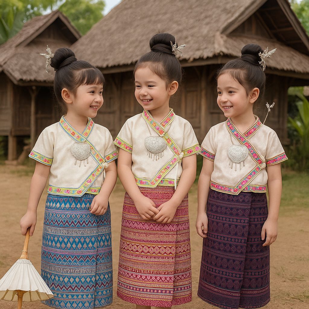 ชุดล้านนา ชุดพื้นเมืองเด็ก ชุดไทยเด็ก เสื้อผูกผ้าแจ็คการ์ด นิ่มลื่น mn