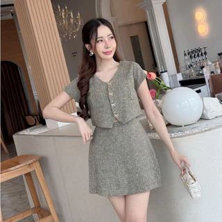 [S-3XL]ชุดเซ็ทผ้าทวิตเสื้อคอวีกระโปรงสั้นซิปหลัง