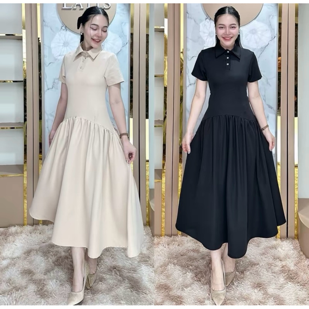 ขุดเดรสคอปกกระดุม ชุดเดรสใส่ออกงาน ใส่ทำงานได้ ยาว47