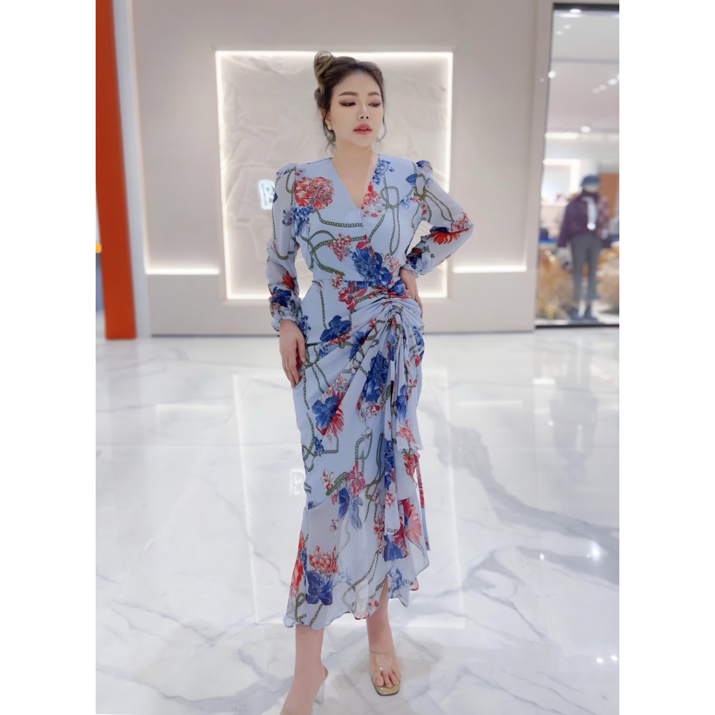 🥇Best Seller🥇เดรสยาวคอวีอกไขว้รูดข้างแขนยาวปลายแขนสม๊อคลายดอกแซ่บมาก#Maisie Shop - รูปที่ 2