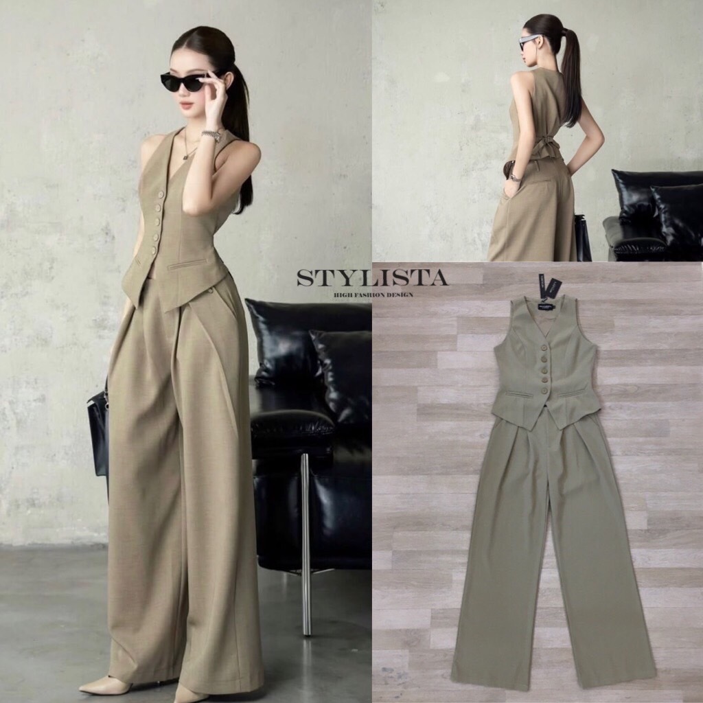 STYLISTA setเสื้อกั๊กแขนกุดทรงเว้า+กางเกงขากว้าง