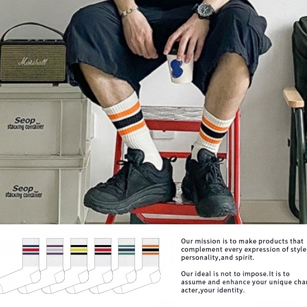 [4 คู่] ถุงเท้าผ้าฝ้าย ข้อยาว ลายขีด สไตล์เกาหลี ใส่ได้ทุกเพศ ใส่สบาย ไม่อับ 🧦