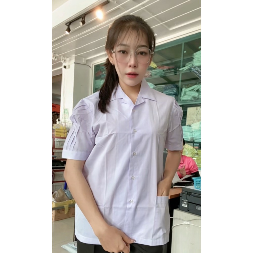 เสื้อนักเรียนคอฮาวายแขนพองตราสมอ เอวปล่อย ประถมหญิง พร้อมบิลเบิกได้