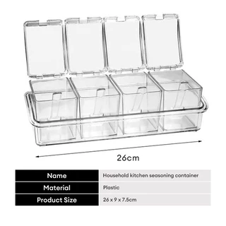 [พร้อมส่ง] กระปุกเครื่องปรุง 4 ช่องพร้อมฐานและช้อนกล่องอะคริลิคใสภาชนะปรุงรสในครัวเรือนเกลือกล่องเครื่องปรุงรสใส