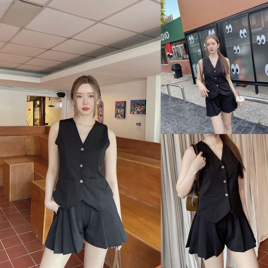 น้ำตาล/กรม/ดำ SLYQ MADE NITRO VEST TOP & PLEATED SHORTS SET ชุดเซ็ตเสื้อกั๊กกระดุมหน้ากับกางเกงสั้น